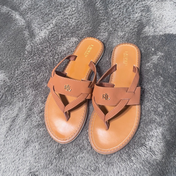 Lauren Ralph Lauren Shoes - Lauren Ralph Lauren Sandals Brown Leather Thong Gold Logo Size 9 -  Classic Summ